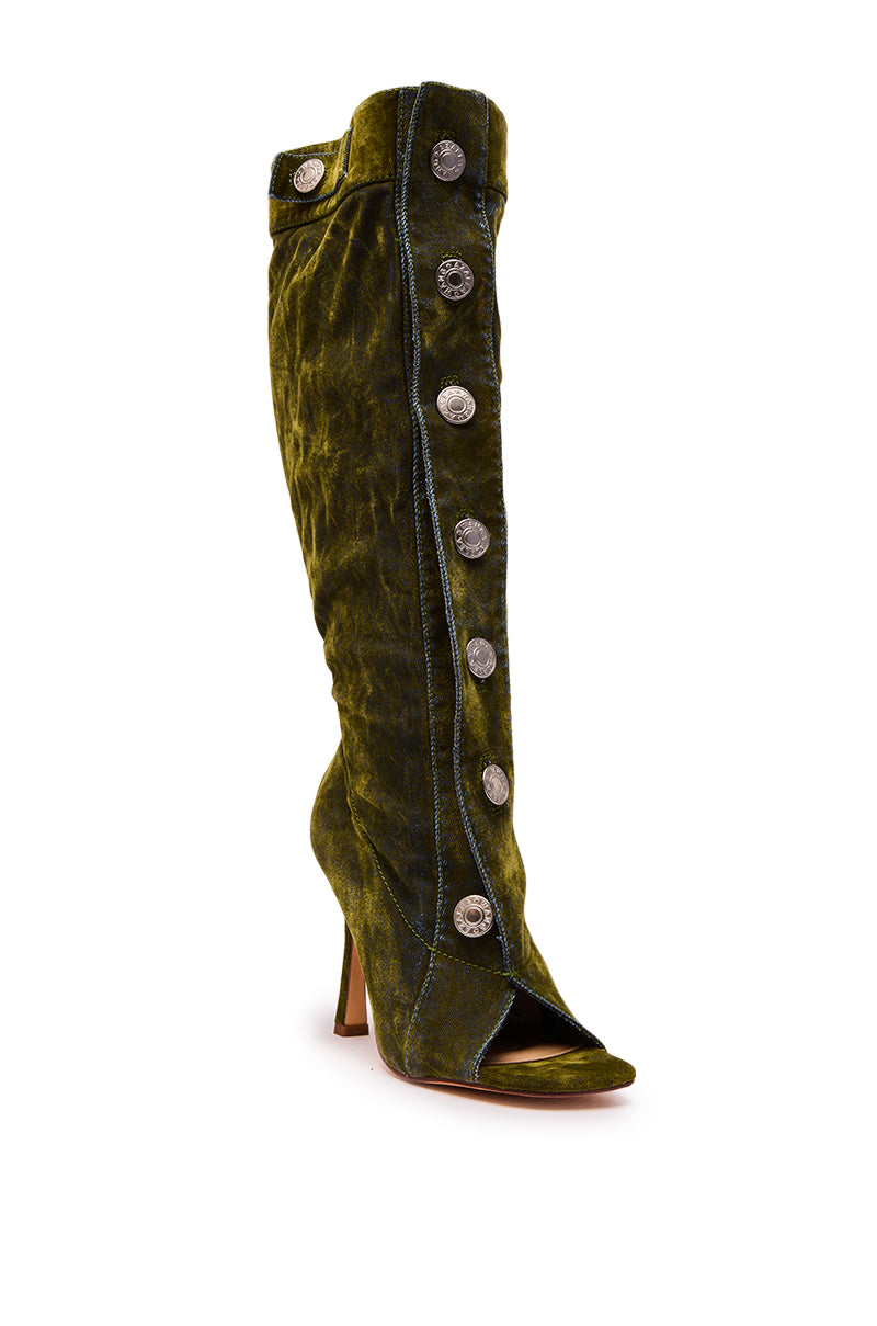 AZALEA WANG KAZUKI OLIVE SLOUCHY DENIM BOOT