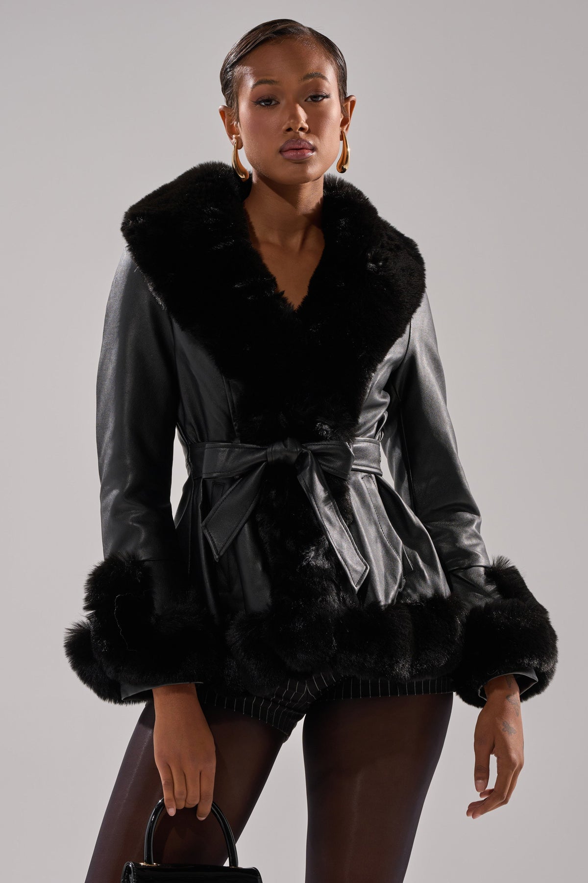KENZY FUR TRIM PEPLUM MOTO IN BLACK