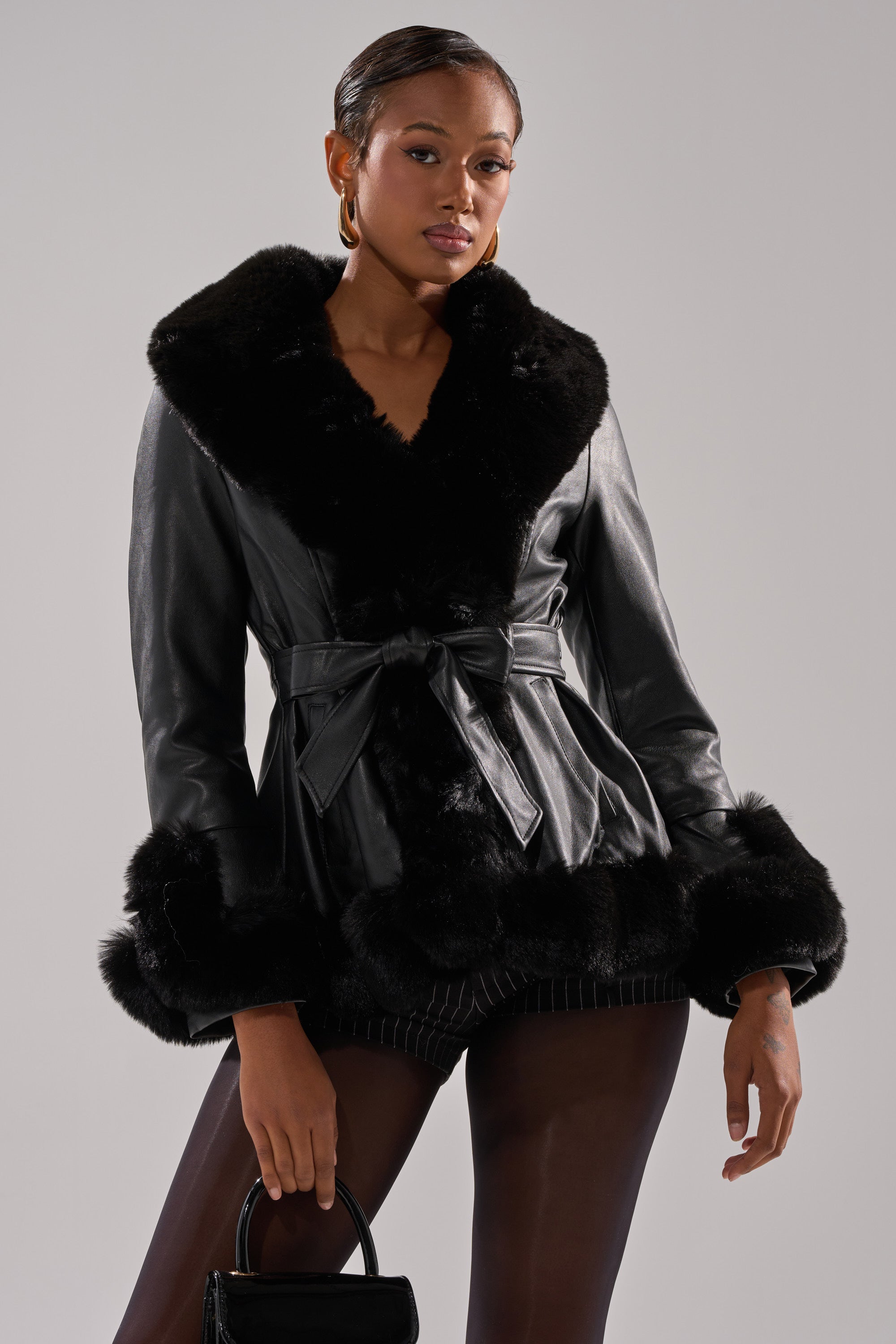 KENZY FUR TRIM PEPLUM MOTO IN BLACK