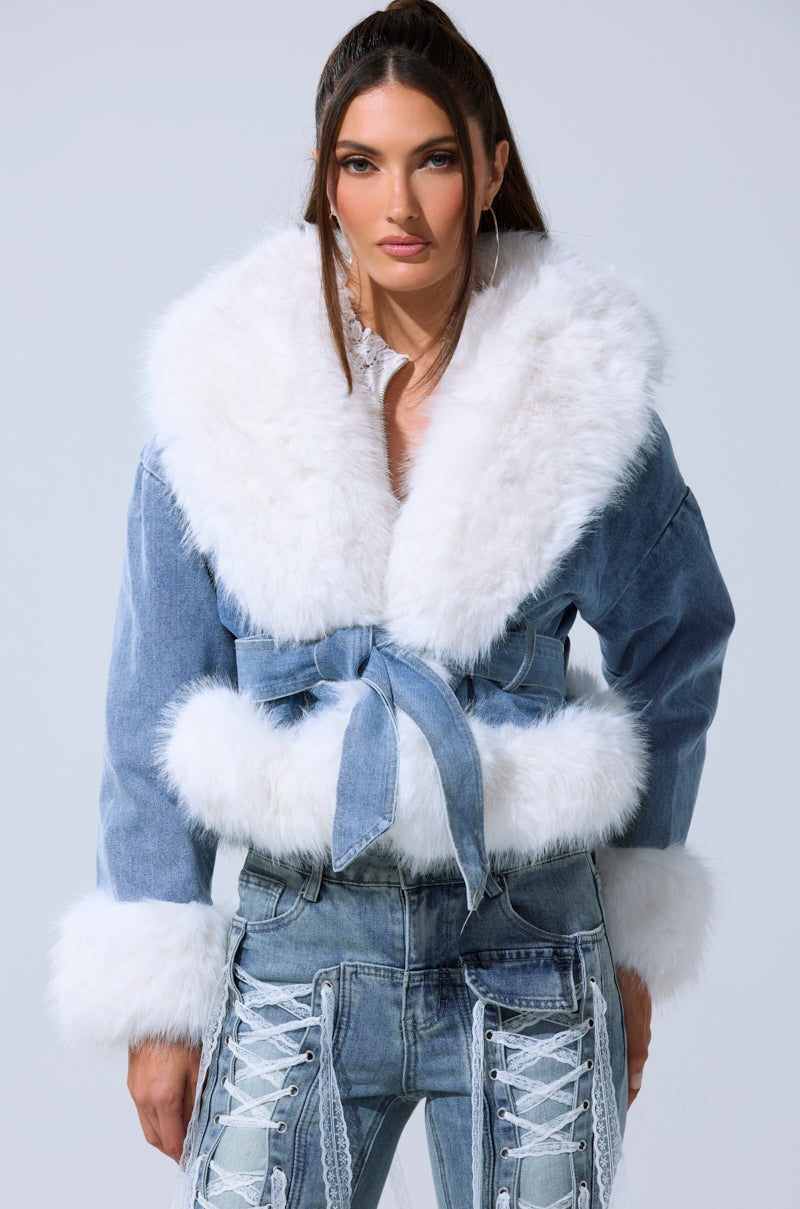 LAINEY FUR TRIM DENIM MOTO