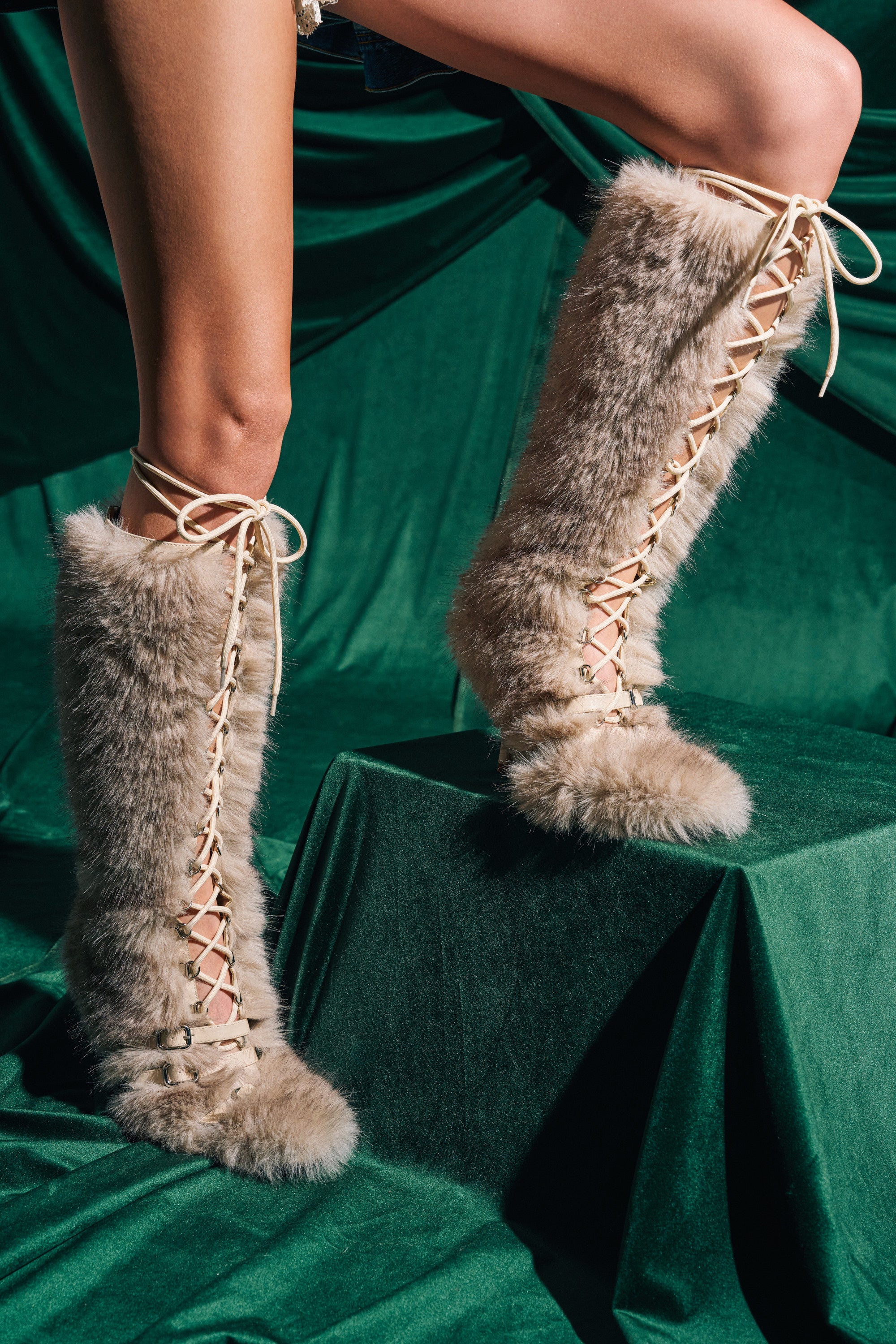 AZALEA WANG LOURDANNE IVORY FUR LACE UP BOOT