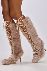 AZALEA WANG LOURDANNE IVORY FUR LACE UP BOOT