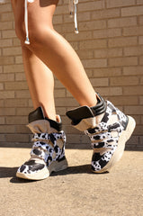 MARANTO BLACK COW PRINT WEDGE SNEAKER