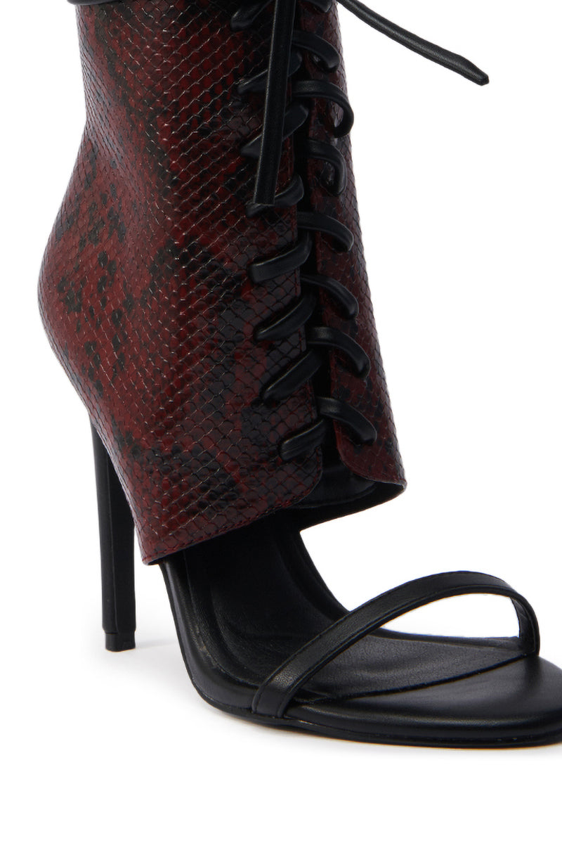 AZALEA WANG NOLYN BURGUNDY SNAKE OPEN TOE BOOTIE