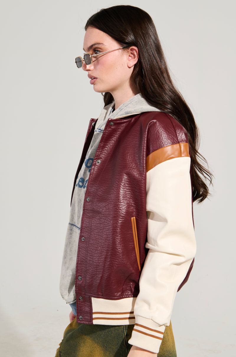 ROCKIT FAUX LEATHER VARSITY BOMBER