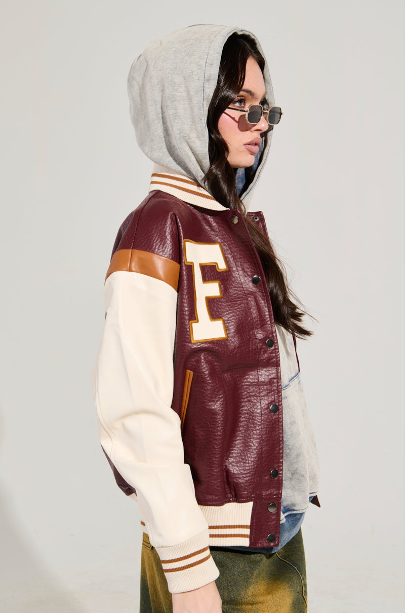 ROCKIT FAUX LEATHER VARSITY BOMBER