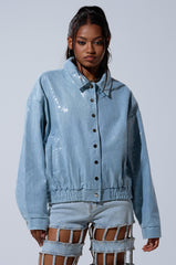 SEQUIN OVERLAY DENIM BOMBER