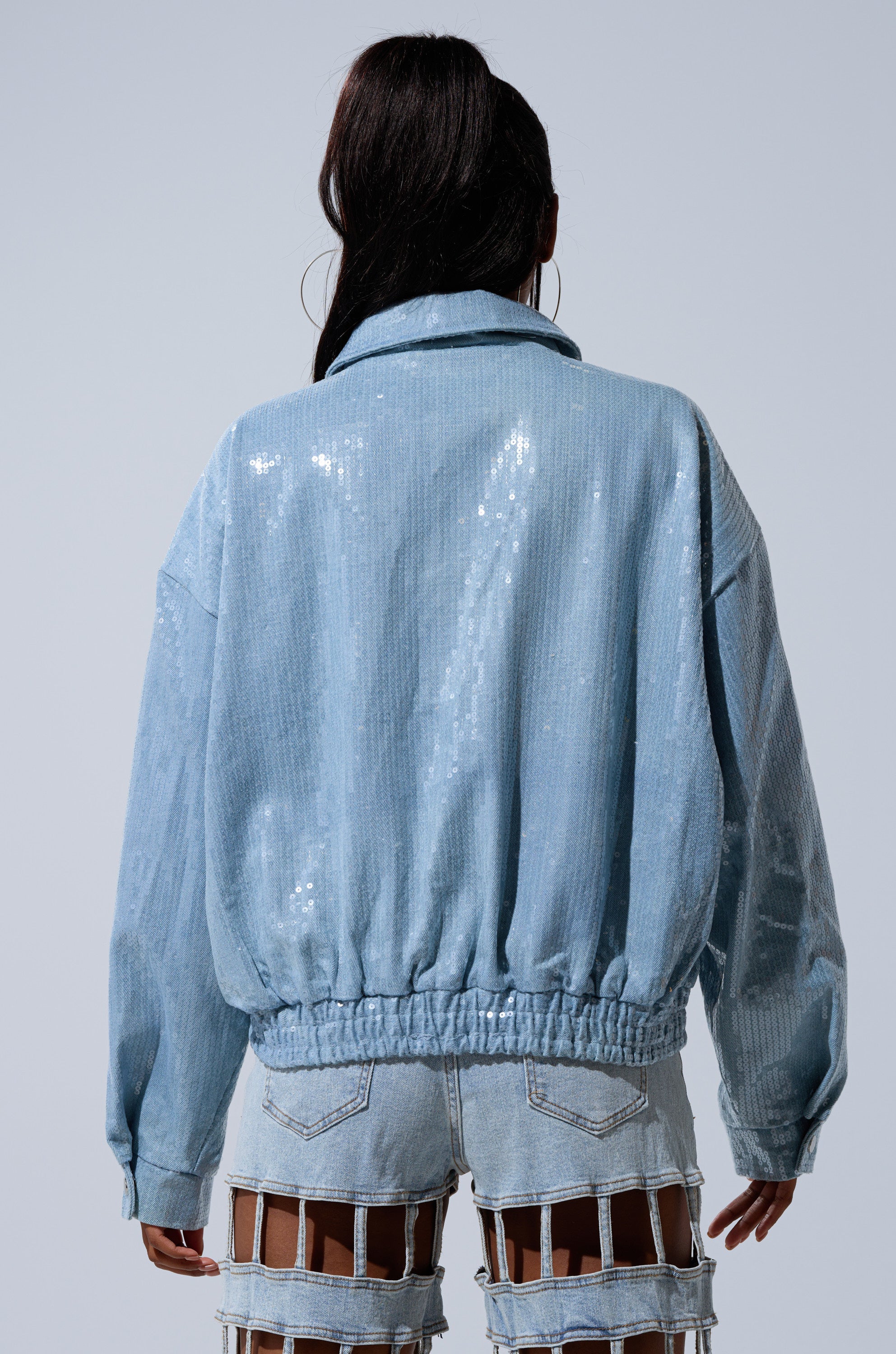 SEQUIN OVERLAY DENIM BOMBER
