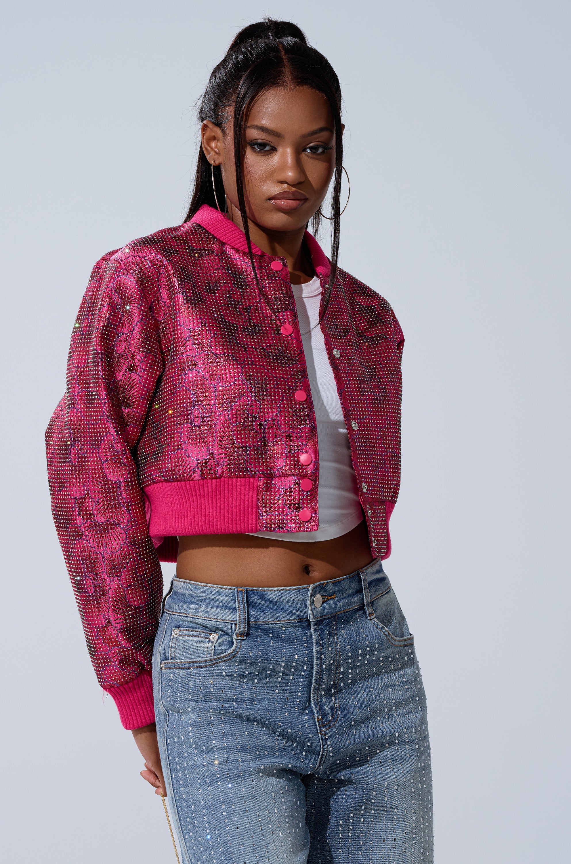 FLEUR RHINESTONE BROCADE BOMBER