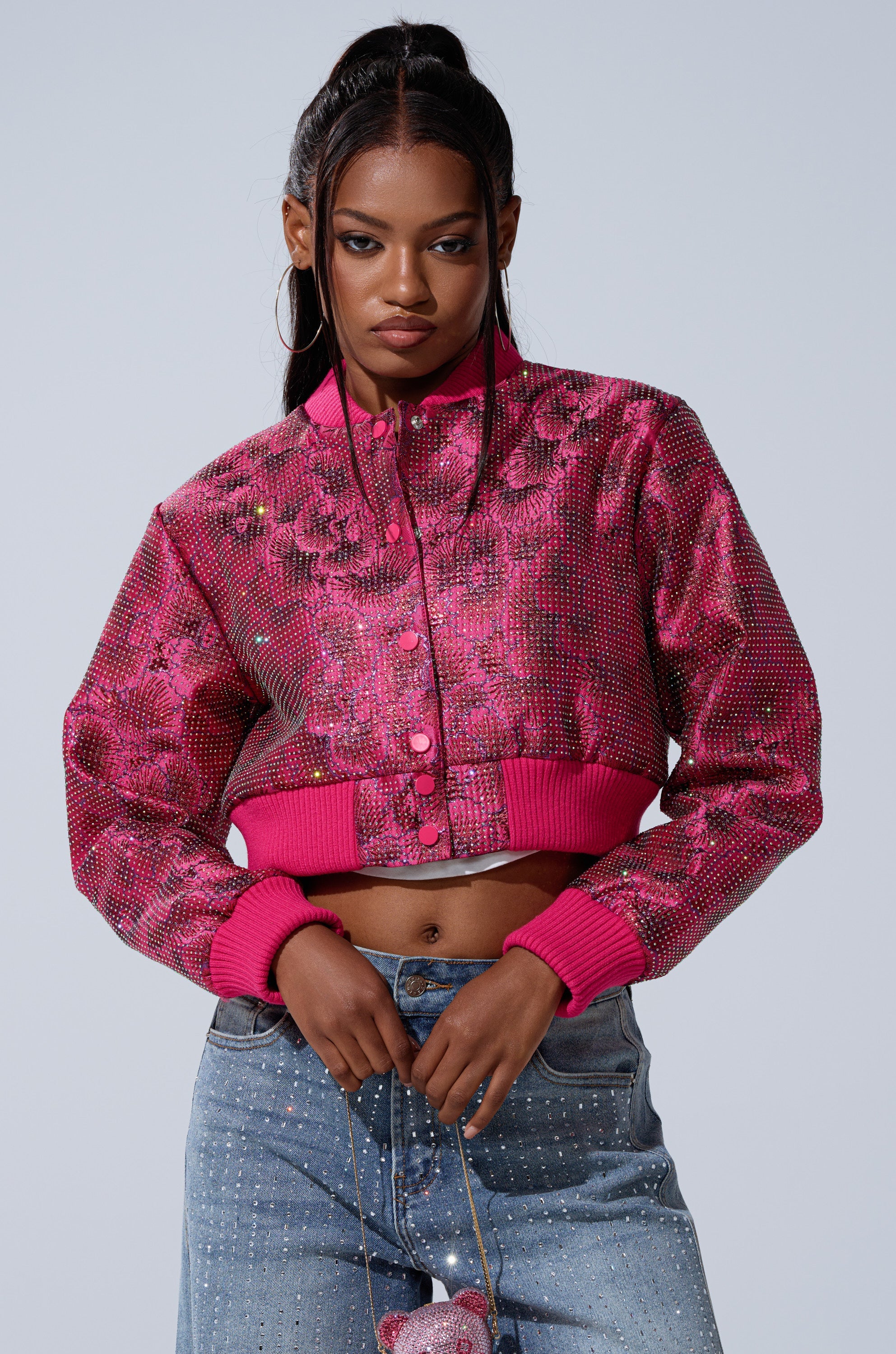FLEUR RHINESTONE BROCADE BOMBER