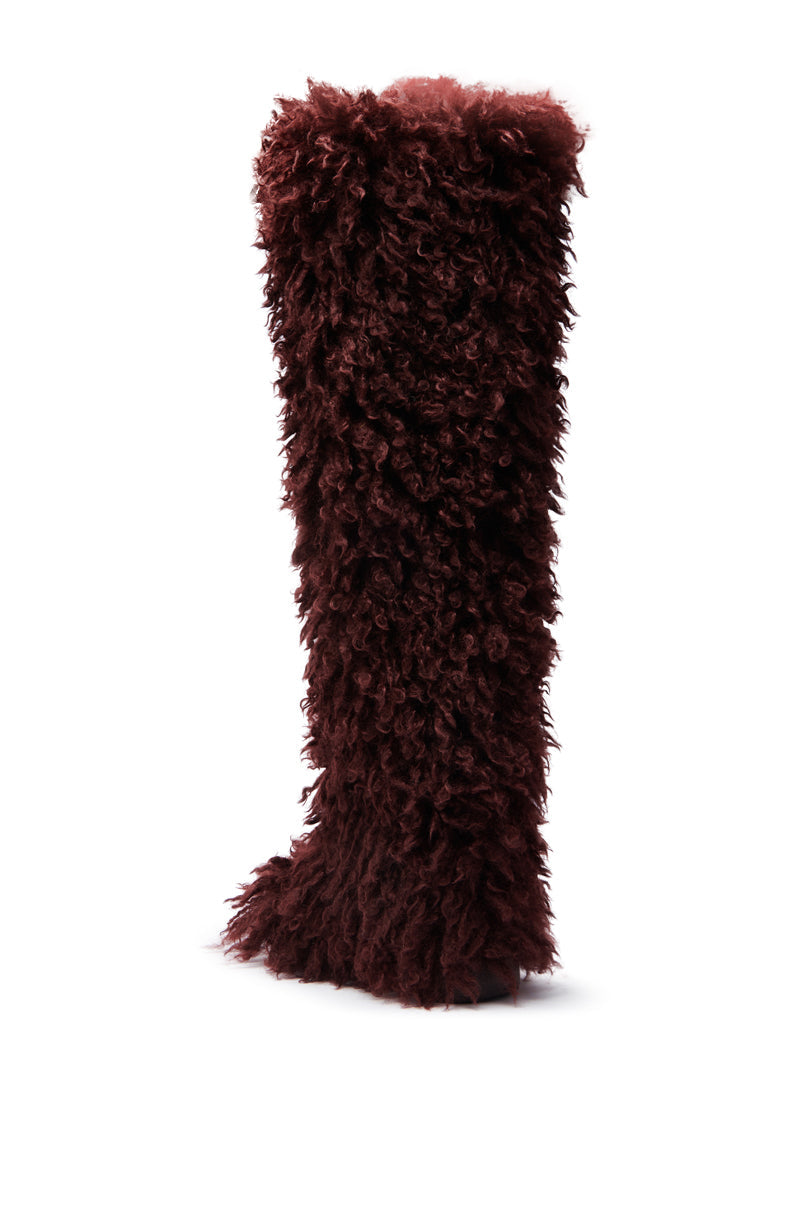 AZALEA WANG TEMPLETON BURGUNDY FAUX POODLE FUR OVER THE KNEE BOOT