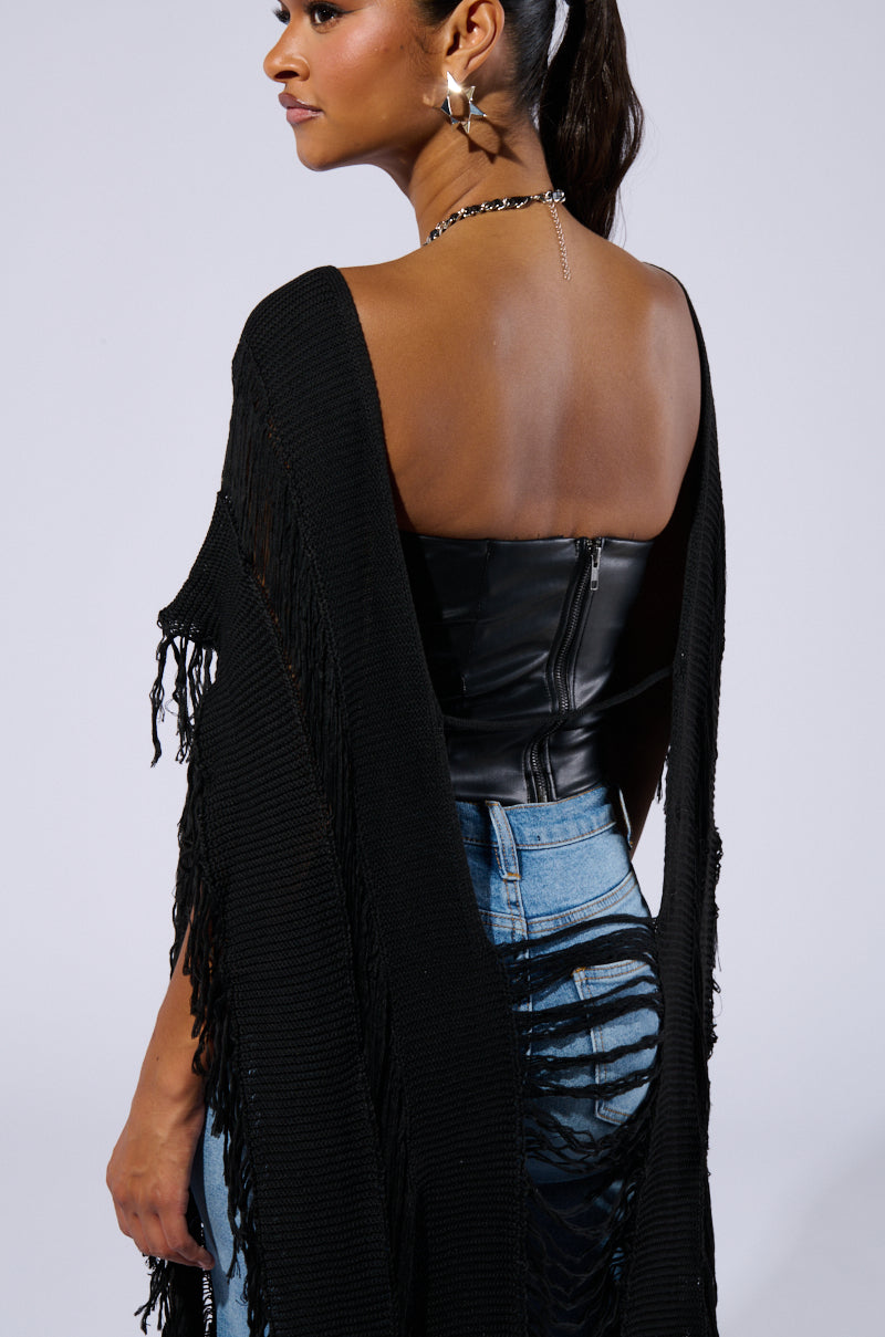 GOOD VIBES DISTRESSED PONCHO IN BLACK