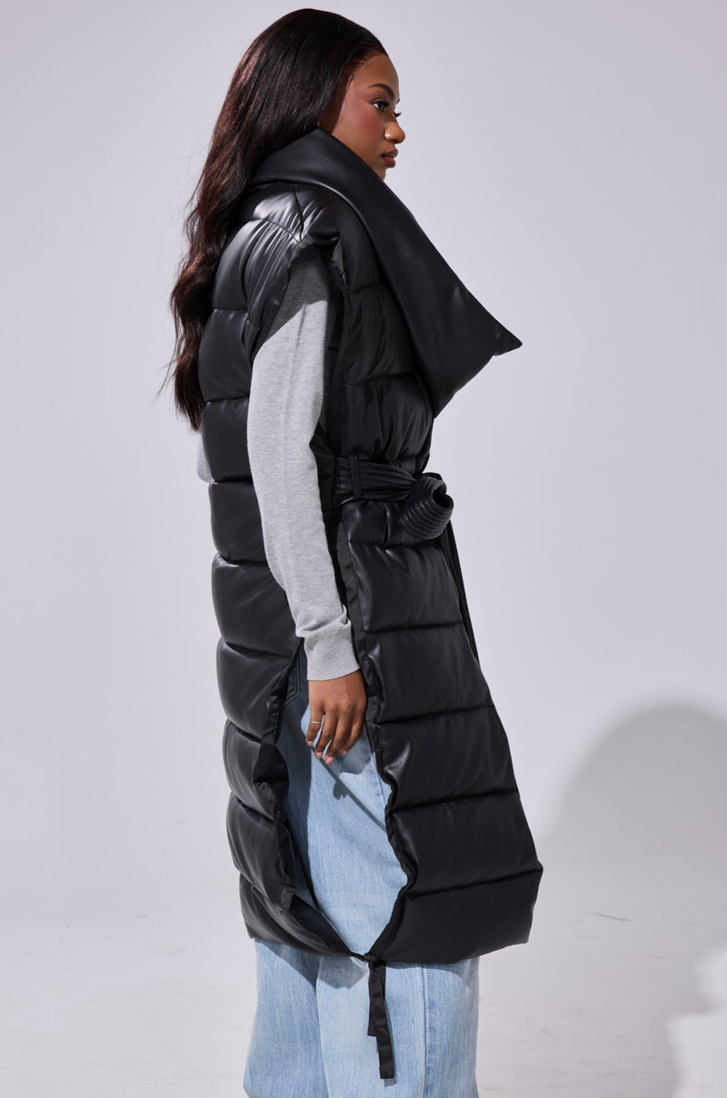 PILOT JONES LONGLINE PUFFER VEST IN FAUX LEATHER