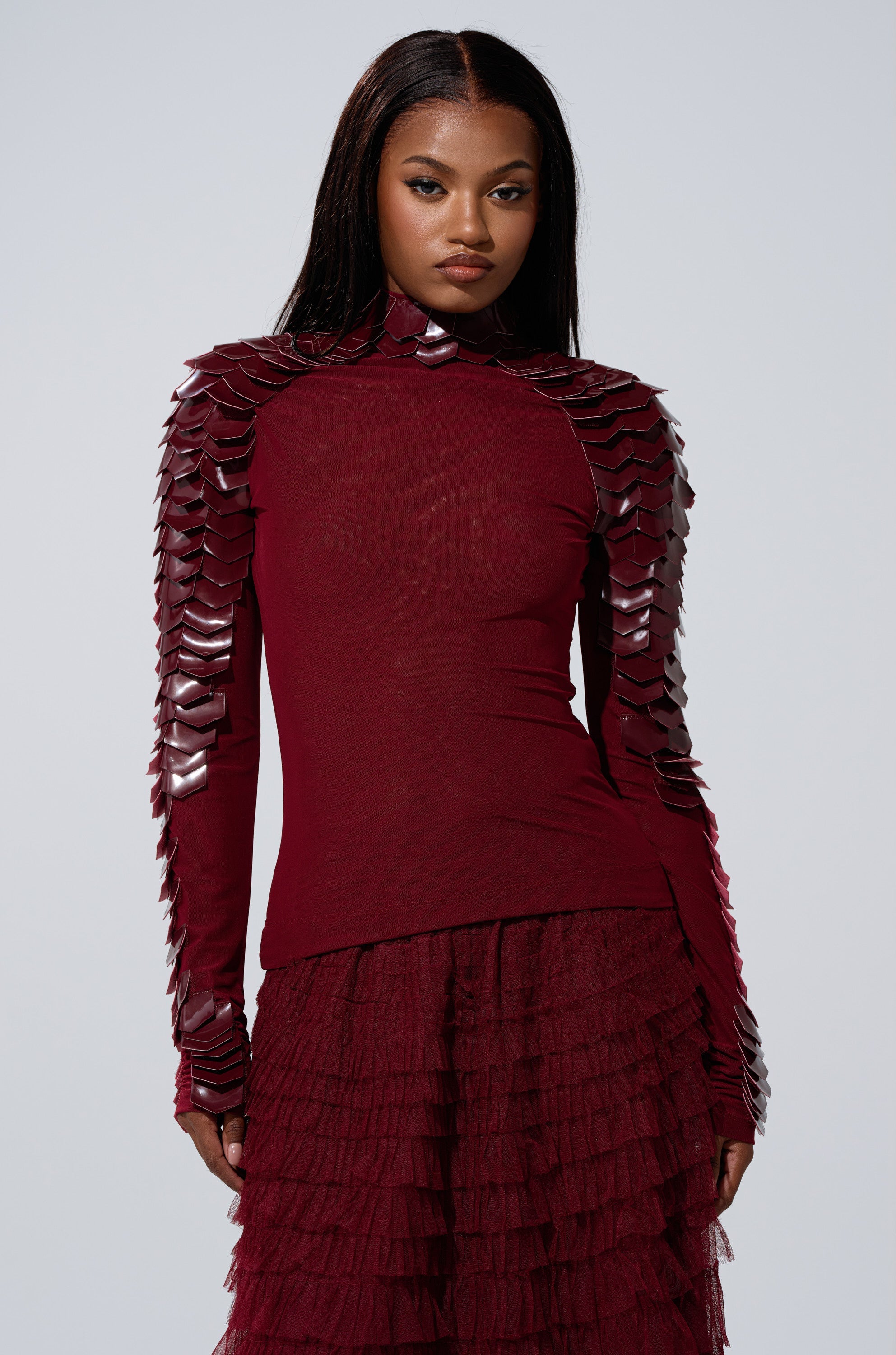 VELMA VINYL SCALE TOP IN BURGUNDY