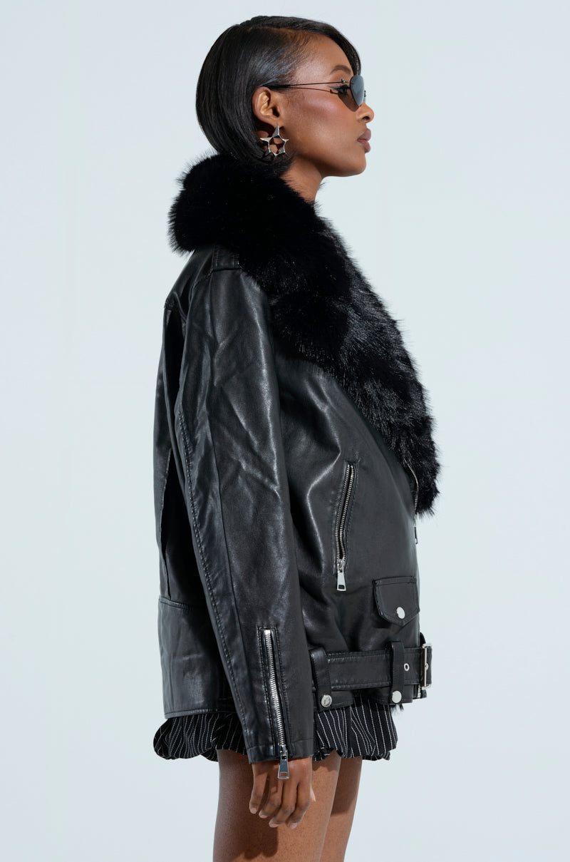 ON THE GO FUR TRIM MOTO IN BLACK