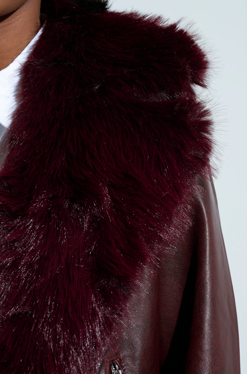 ON THE GO FUR TRIM MOTO IN BURGUNDY