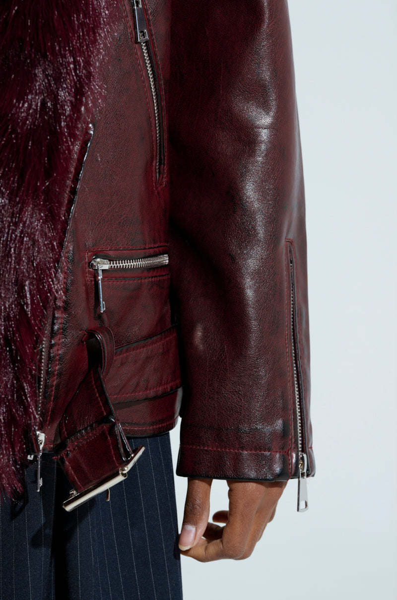 ON THE GO FUR TRIM MOTO IN BURGUNDY