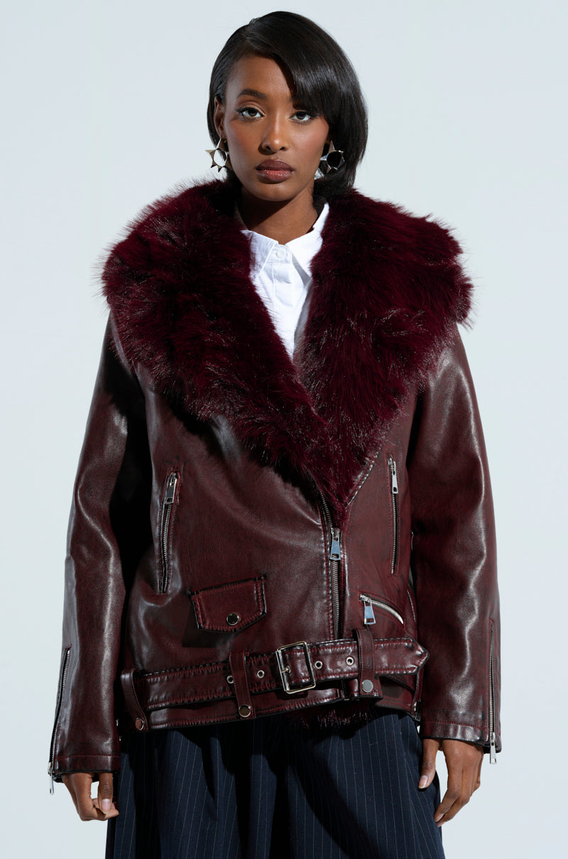 ON THE GO FUR TRIM MOTO IN BURGUNDY