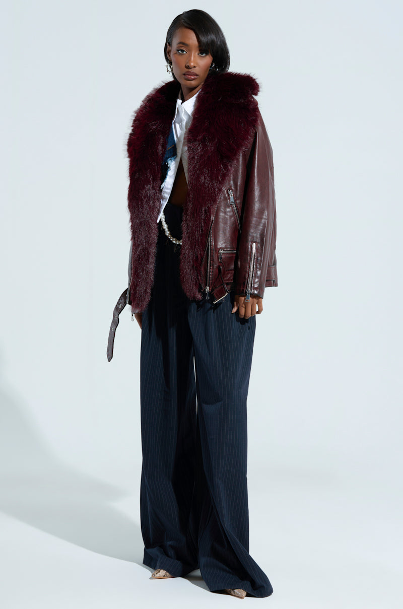 ON THE GO FUR TRIM MOTO IN BURGUNDY