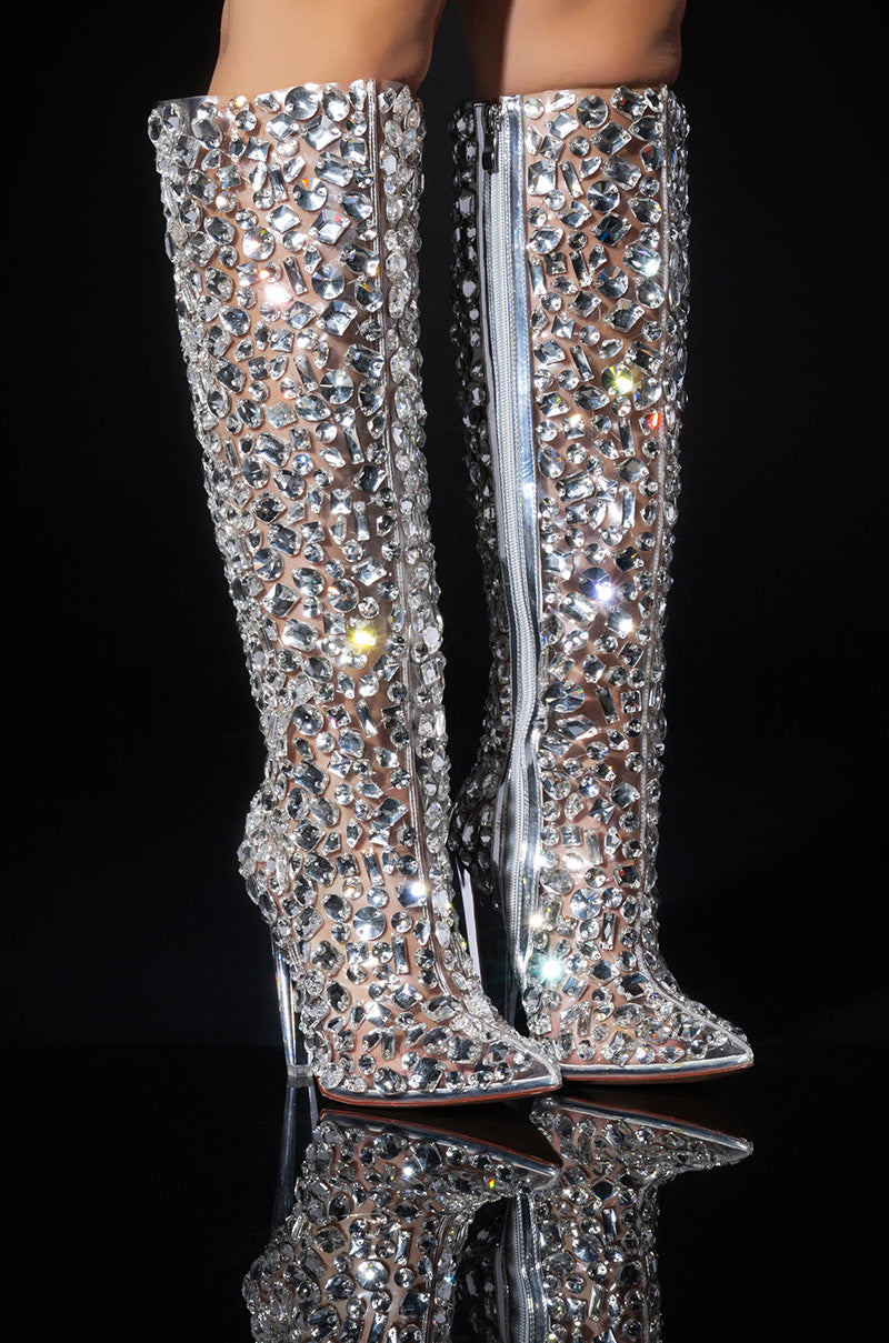 AZALEA WANG HONEY EMBELLISHED PVC CHUNKY BOOT IN SILVER