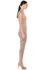 DIAMONDS ARE FOREVER MESH MIDI DRESS IN BEIGE