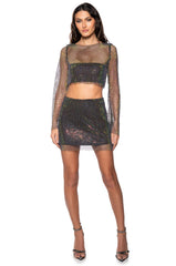 FLASHING LIGHTS RHINESTONE MESH MINI SKIRT IN BLACK
