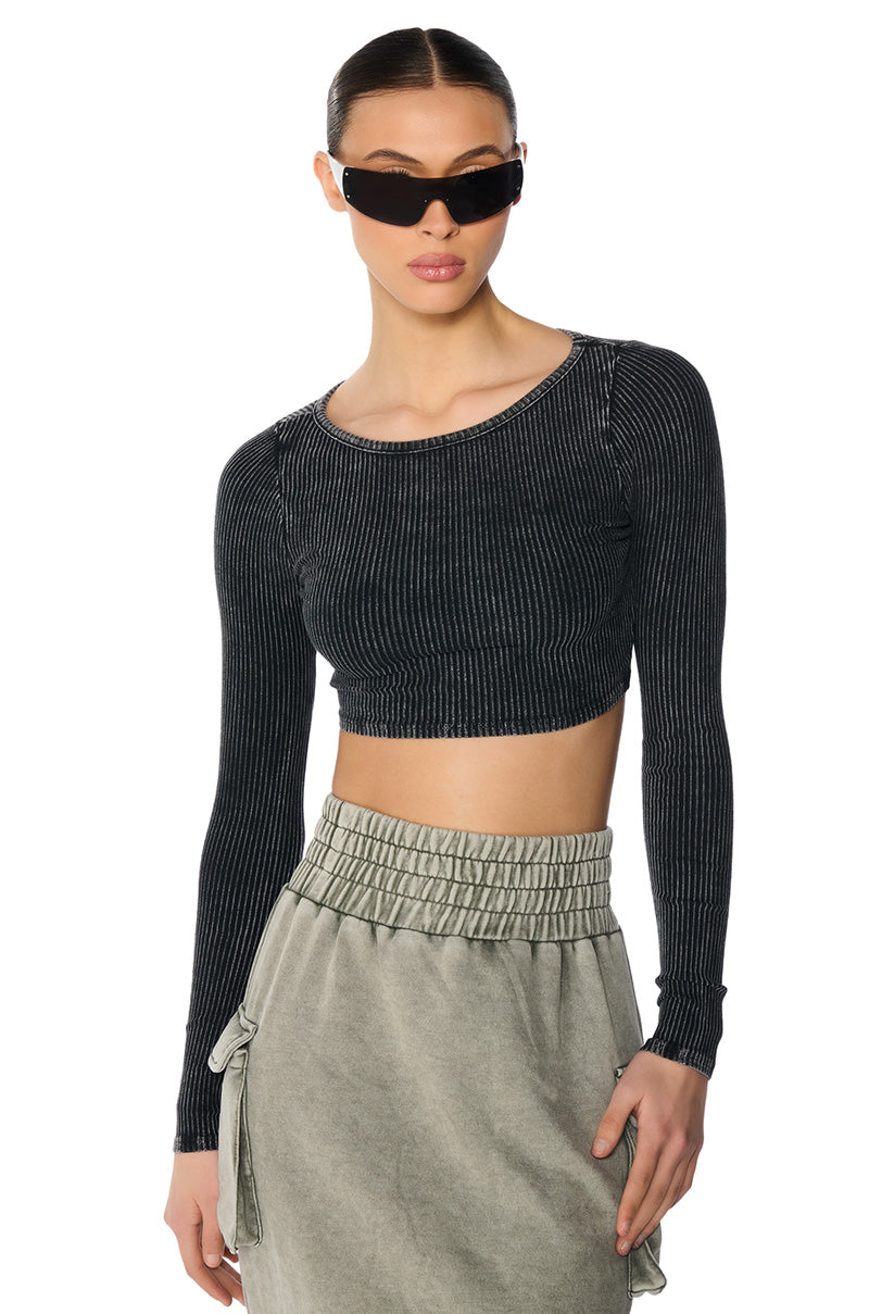 GAIA WASHED LONG SLEEVE TOP IN CHARCOAL