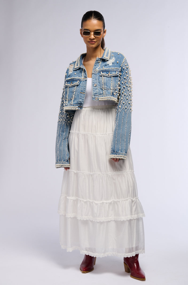 LUCKY YOU CROPPED PEARL DENIM JACKET