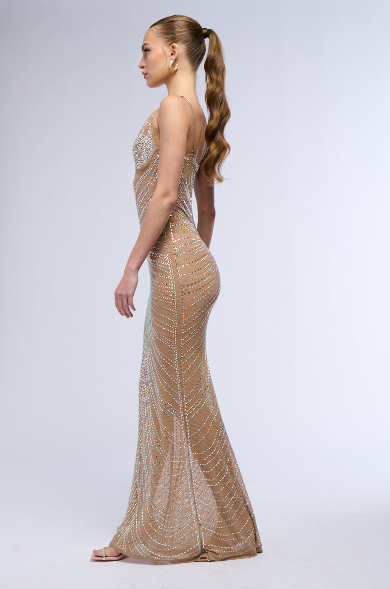LUXE IS ALL I KNOW RHINESTONE MESH MAXI DRESS