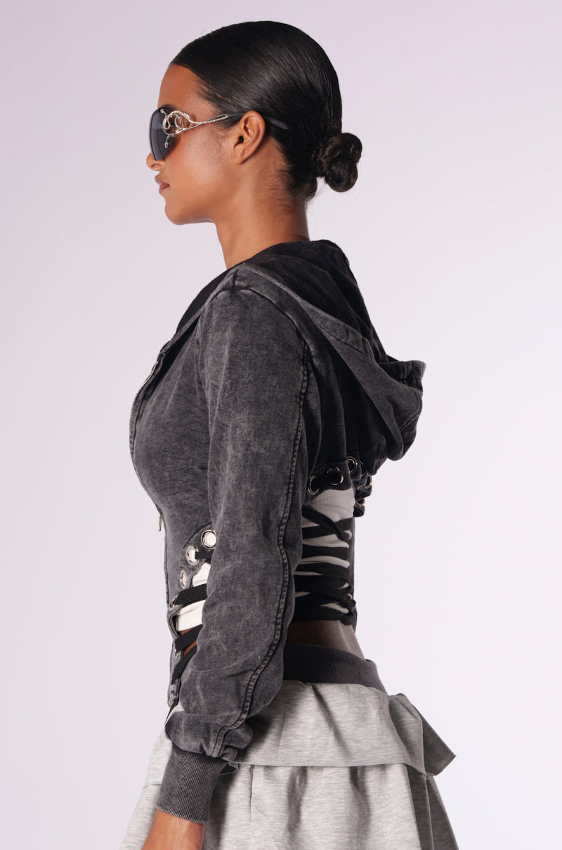 NOT MY FAULT MINERAL WASH LACE UP SWEATSHIRT