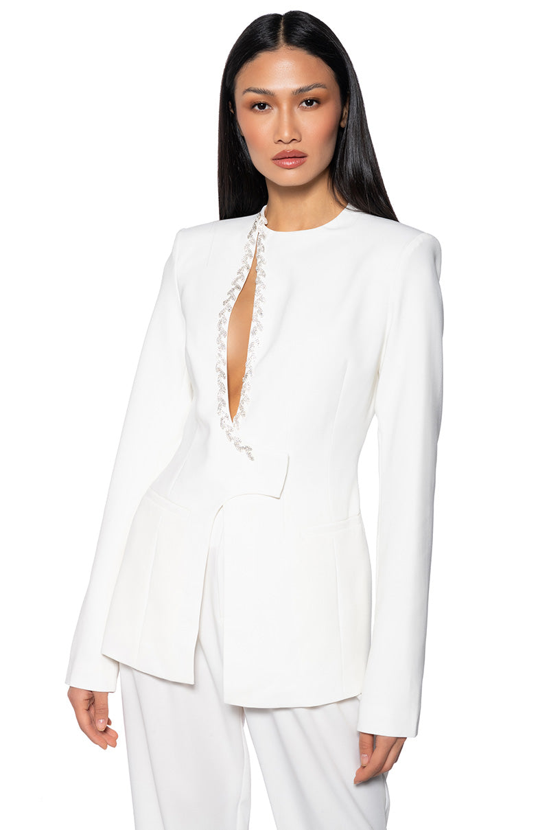 PEEK A BOO RHINESTONE ACCENT BLAZER IN WHITE