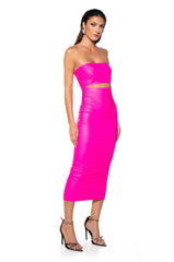 PRETTY LADY PLEATHER MIDI DRESS WITH CUT OUT