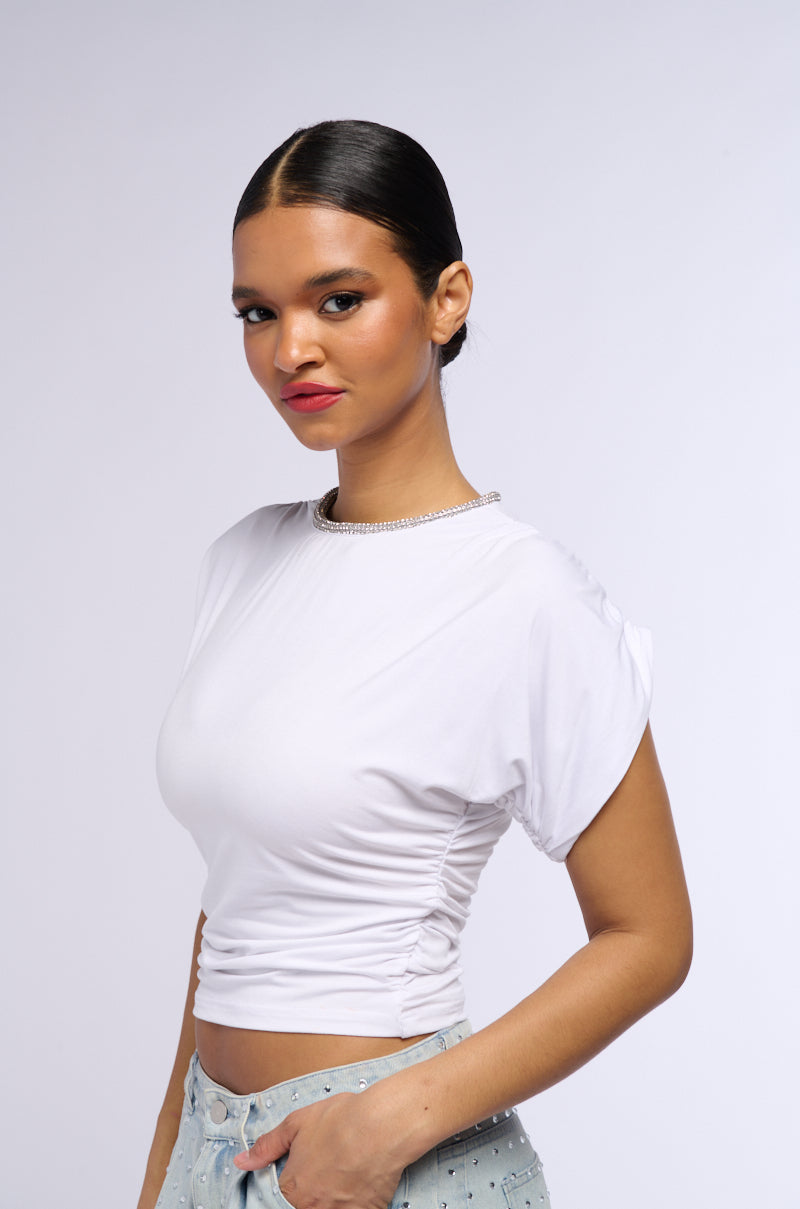 SLINKY SHORT SLEEVE RHINESTONE EMBELLISHED SHIRT