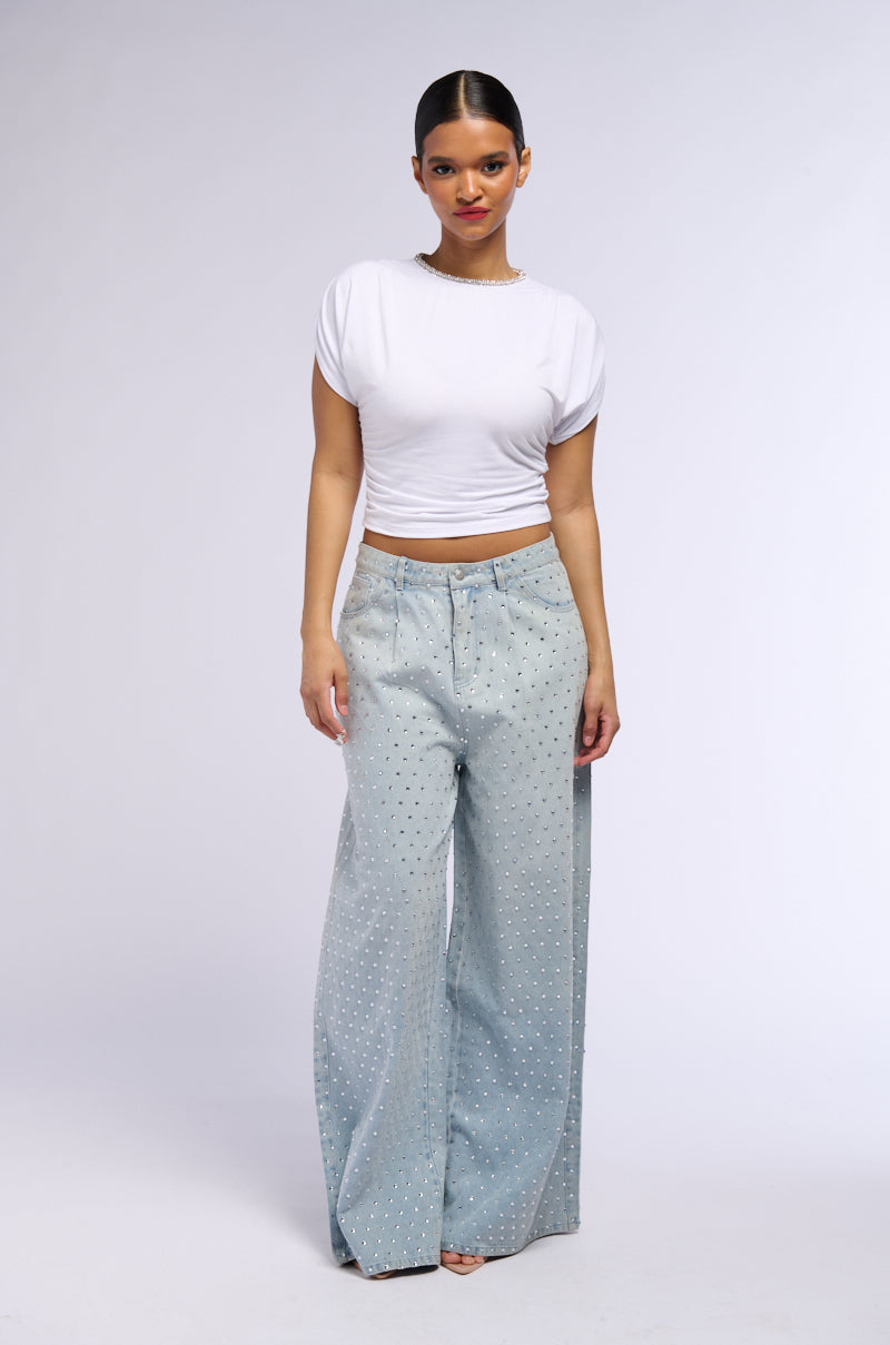 SLINKY SHORT SLEEVE RHINESTONE EMBELLISHED SHIRT