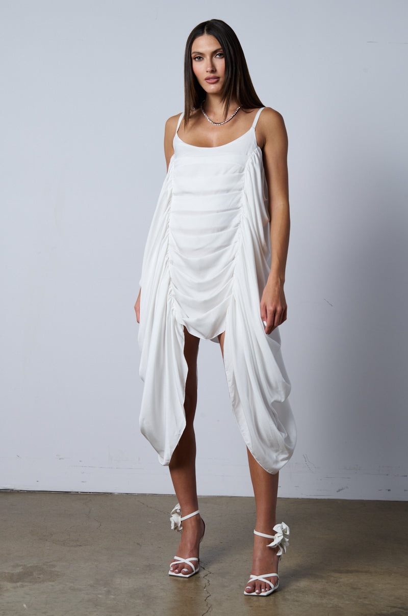 SMOOTH OPERATOR RUCHED MINI DRESS IN WHITE