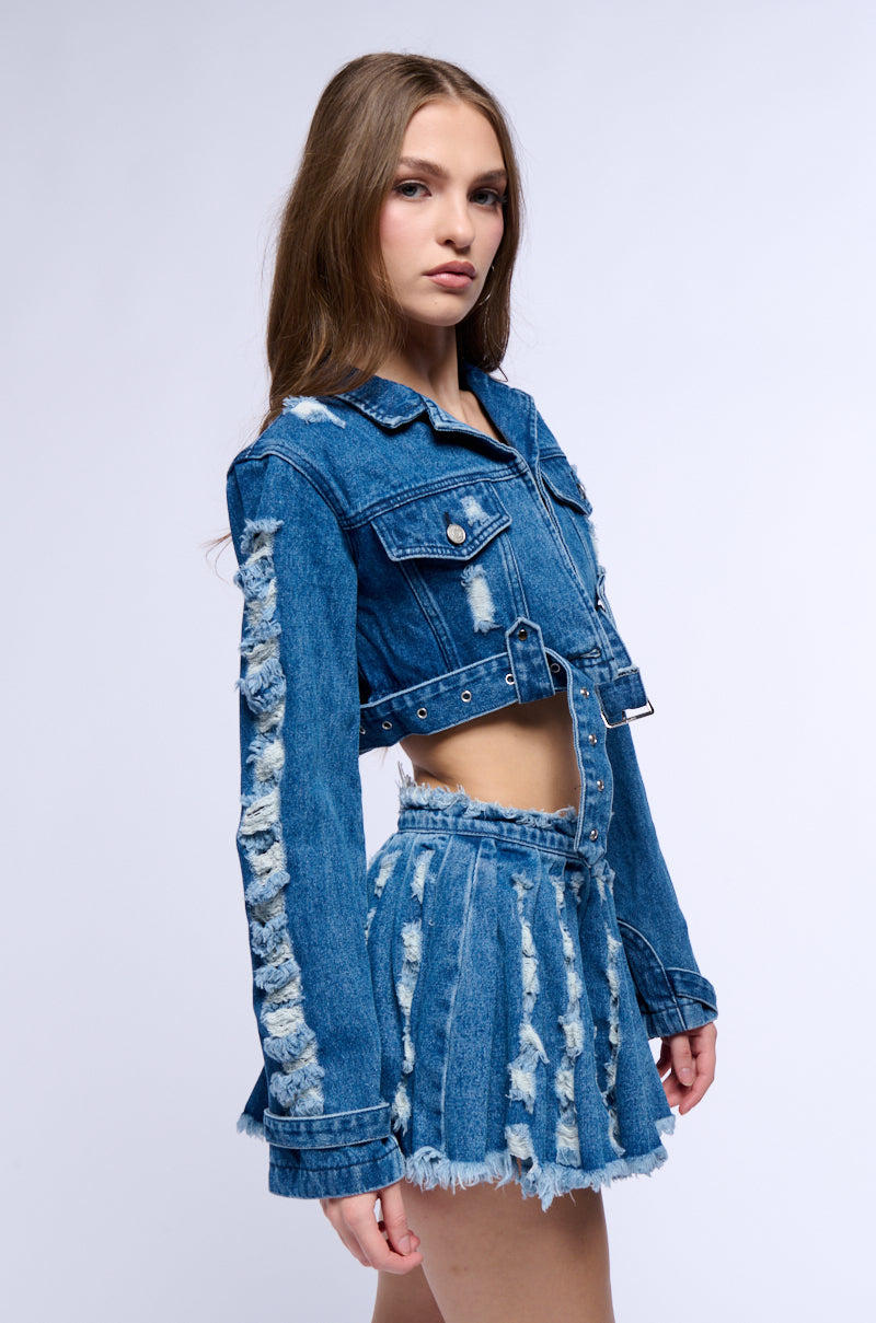 STRESSED OUT CUT OUT CROP DENIM JACKET