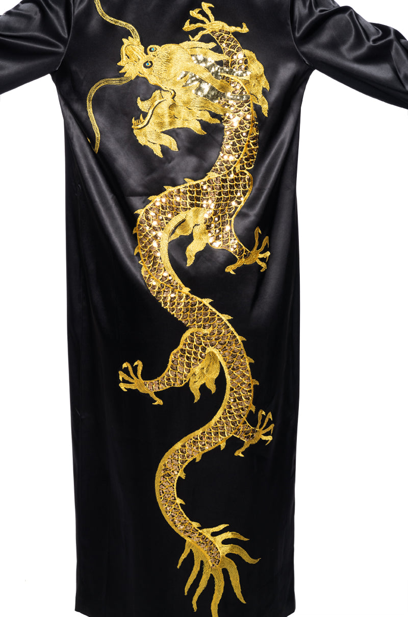 SATIN DUSTER WITH EMBROIDERED DRAGON